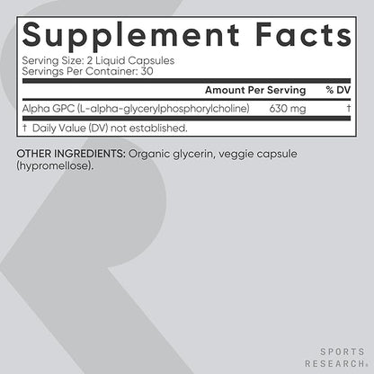 Sports Research® Alpha GPC 630mg (Extra Strength) - Bioavailable Source of Choline - Focus & Cognitive Support for Women & Men - Vegan Certified · Non-GMO · Gluten Free - 60 Liquid Capsules