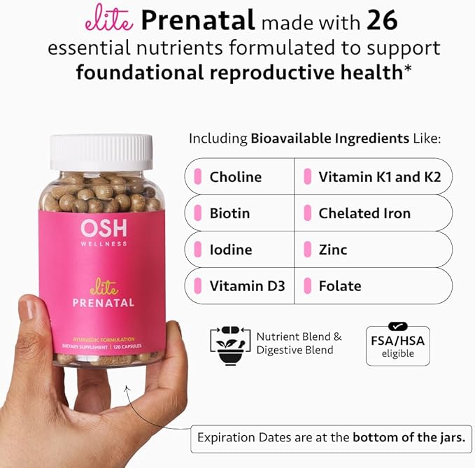 Ayurvedic Elite Prenatal Vitamins with Folate, Choline, Iron, Iodine & more | Made in USA | Optimal Bioavailability | Supports Baby's Growth and Brain Development | 30 Day Supply - OSH Wellness