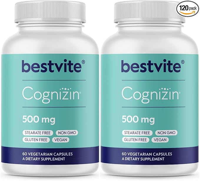 BESTVITE Cognizin Citicoline 500mg (120 Vegetarian Capsules) (60x2) - Clinically Studied Premium Choline Nootropic - No Stearates - Vegan - Gluten Free - Brain Supplements for Memory and Focus