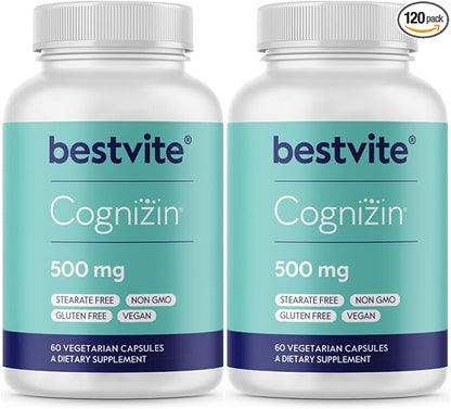 BESTVITE Cognizin Citicoline 500mg (120 Vegetarian Capsules) (60x2) - Clinically Studied Premium Choline Nootropic - No Stearates - Vegan - Gluten Free - Brain Supplements for Memory and Focus