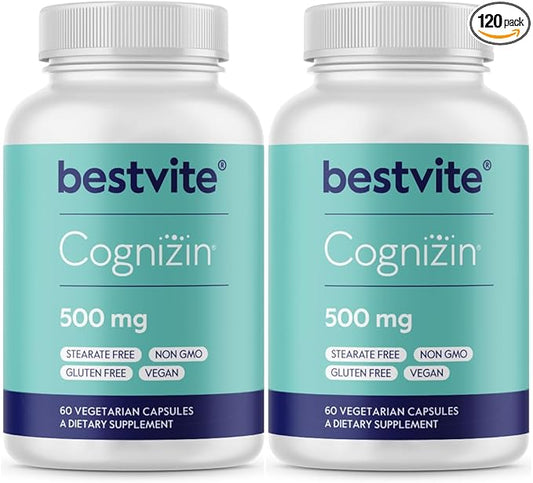 BESTVITE Cognizin Citicoline 500mg (120 Vegetarian Capsules) (60x2) - Clinically Studied Premium Choline Nootropic - No Stearates - Vegan - Gluten Free - Brain Supplements for Memory and Focus