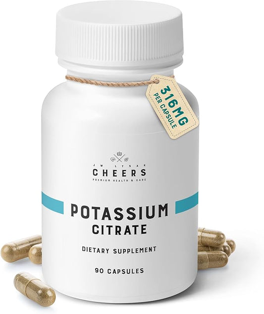 Cheers Potassium Citrate Supplement | 316mg Per Capsule | 20% Daily Value | Supports Muscle, Nerve & Heart Function | High Absorption Electrolyte for Potassium Deficiency | 90 Vegan Capsules