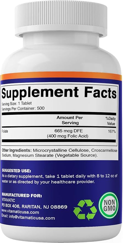 Vitamatic Folic Acid 400 mcg - 500 Vegetarian Tablets - Vitamin B9-2 Pack