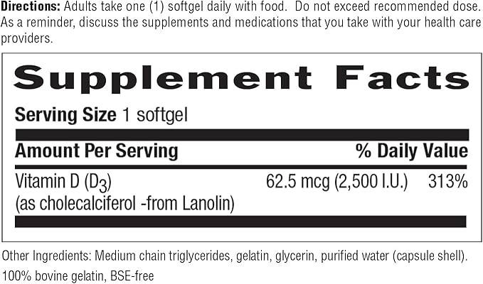 Country Life Vitamin D3 2500 IU – Non-Fish Derived, High Potency Vitamin D3 for Bone Strength, Immune Support & Calcium Absorption – Certified Gluten-Free, 200 Softgels