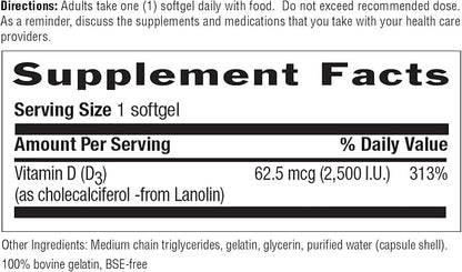 Country Life Vitamin D3 2500 IU – Non-Fish Derived, High Potency Vitamin D3 for Bone Strength, Immune Support & Calcium Absorption – Certified Gluten-Free, 200 Softgels