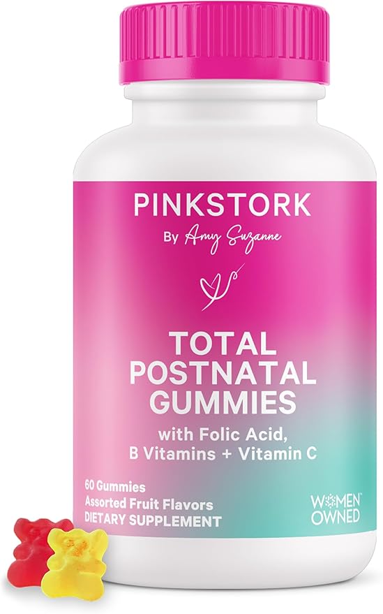 Pink Stork Total Postnatal Vitamin Gummies - Multivitamin for Postpartum Recovery and Lactation Support - Folic Acid, B6, & Vitamin C - Breastfeeding Essentials - 60 Gummy Vitamins
