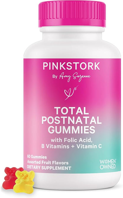 Pink Stork Total Postnatal Vitamin Gummies - Multivitamin for Postpartum Recovery and Lactation Support - Folic Acid, B6, & Vitamin C - Breastfeeding Essentials - 60 Gummy Vitamins