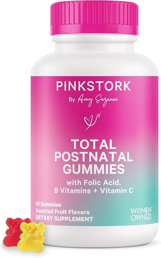 Pink Stork Total Postnatal Vitamin Gummies - Multivitamin for Postpartum Recovery and Lactation Support - Folic Acid, B6, & Vitamin C - Breastfeeding Essentials - 60 Gummy Vitamins