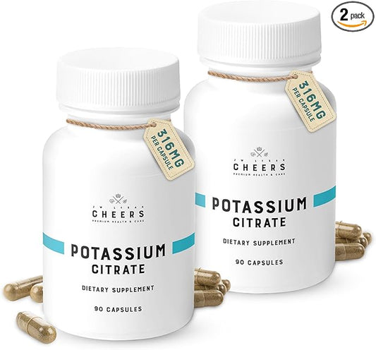 Cheers Potassium Citrate, 20% Daily Value, 316 mg per Capsule, 90 Capsules, Vegan Potassium Supplement for Adults, Natural Mineral Electrolyte - Pack of 2