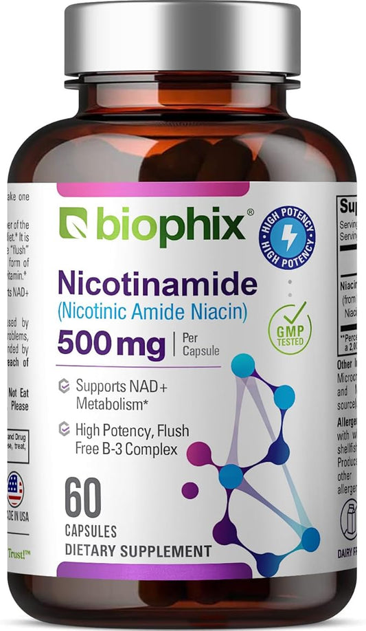 biophix B-3 Nicotinamide 500 mg 60 Caps - Nicotinic Amide Niacin Natural Flush-Free Vitamin Formula - Supports Skin Cell Health
