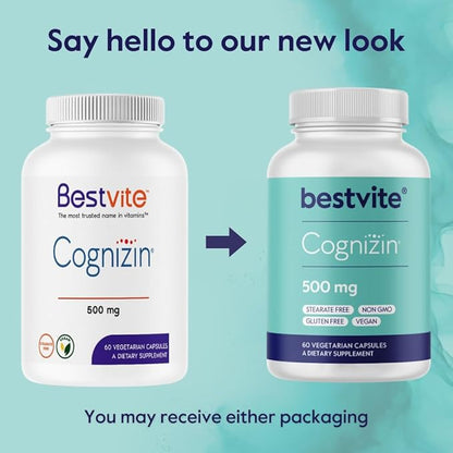 BESTVITE Cognizin Citicoline 500mg (120 Vegetarian Capsules) (60x2) - Clinically Studied Premium Choline Nootropic - No Stearates - Vegan - Gluten Free - Brain Supplements for Memory and Focus