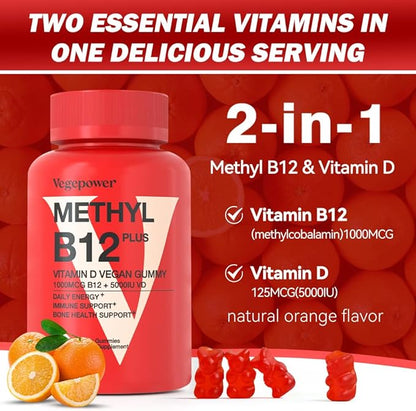 Vitamin B12 1000 mcg Gummies for Adults - Vegan Methyl B12 & D3 5000 IU Vitamin Gummy Supplements for Women - Supports Bone Health & Energy Boost - Non-GMO, Orange Flavor 180 Bears