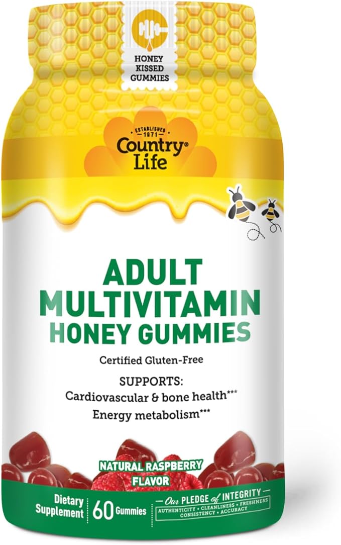 Country Life Adult Multivitamin Honey Gummies – Bone, Heart & Energy Support – Non-GMO, Certified Gluten Free, Vegetarian – Naturally Sweetened – 60 Gummies