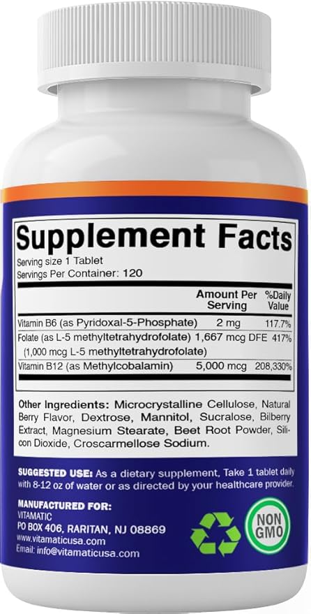 Vitamatic Methyl Folate & B12 Supplement with Pyridoxal 5 Phosphate (P-5-P) - Promotes Cardiovascular Health & Energy Metabolism - 120 Fast Dissolve Tablets - Non GMO & Gluten Free