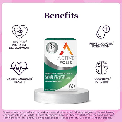 Active Folic 400mcg – L-Methylfolate Folic Acid Supplement – Highly Absorbed, Vegan – Supports Pregnancy, Energy, Tiredness & Fatigue Reduction – 60 Capsules (2-Month Supply)