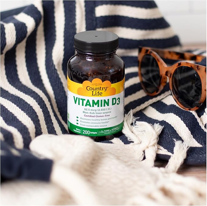Country Life Vitamin D3 2500 IU – Non-Fish Derived, High Potency Vitamin D3 for Bone Strength, Immune Support & Calcium Absorption – Certified Gluten-Free, 200 Softgels