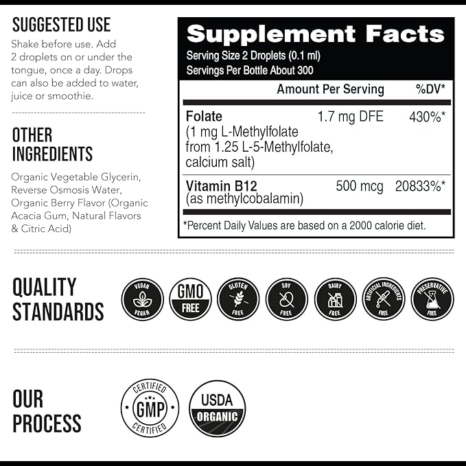 Organic Methyl Folate 1000 mcg + Methyl B12 Cofactor (300 Servings) – Metabolically Active 5-MTHF Form, Organic Berry Flavor, Liquid Sublingual Form – Mood, Cognition, Methylation, Pregnancy (1oz)