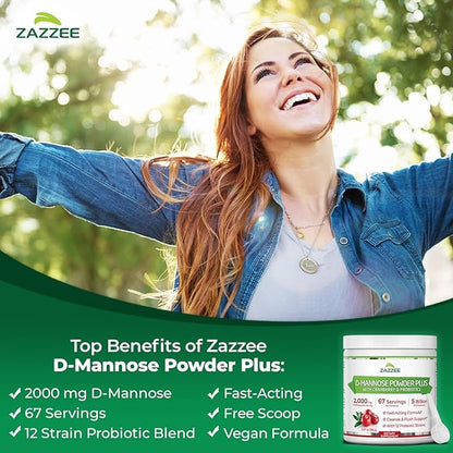 Zazzee D-Mannose Powder Plus, 2000 mg, 67 Servings, Potent & Fast-Acting, Plus 5 Billion CFU Probiotics and Pure Cranberry Juice Extract, Free Scoop, 6.5 Oz, Vegan, Gluten-Free, Non-GMO, All-Natural