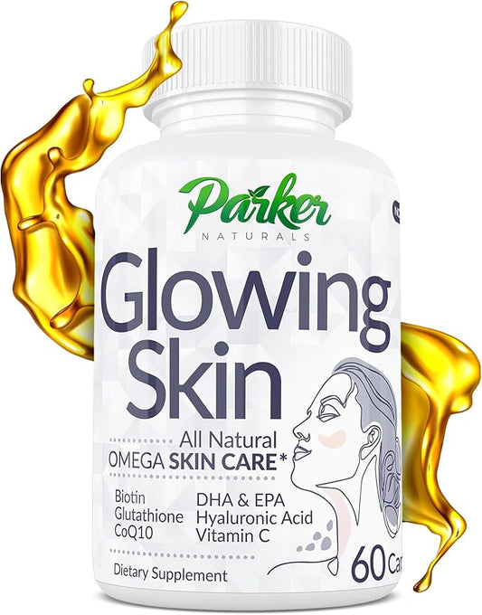 Glowing Skin Supplement - Biotin, Glutathione, Hyaluronic Acid, DHA/EPA Omega 3 Fish Oil, CoQ10, Vitamin C, All Natural Skin Care Supplement, 60 Caps