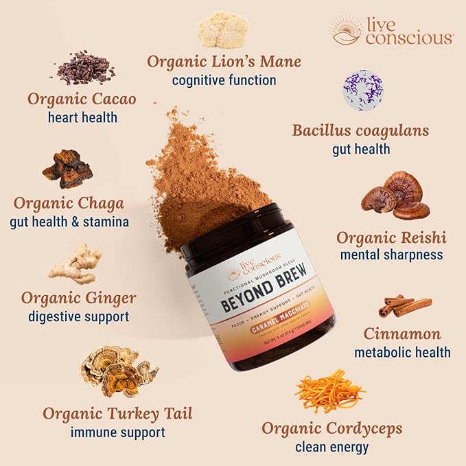 Beyond Brew Caramel Macchiato Coffee Alternative - Low Caffeine Superfood - Powerful Mushroom Complex with Lion’s Mane, Reishi & Chaga - Brewed Drink with Prebiotics & Probiotics (2-pack)