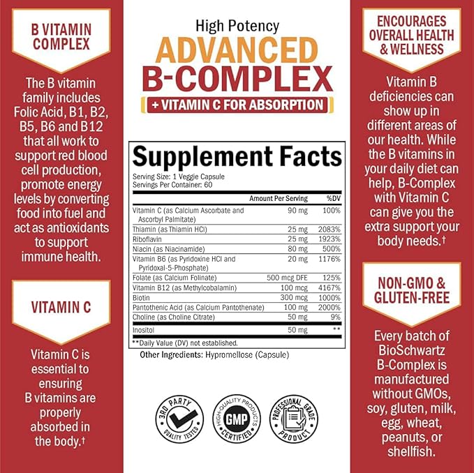 Vitamin B Complex with Vitamin C for Maximum Absorption - Methylcobalamin b12 & Folate Folic Acid Supplement - B1 B2 B3 B5 B6 B7 B9 for Immune Energy & Nervous System Support - Non-GMO, 60 count