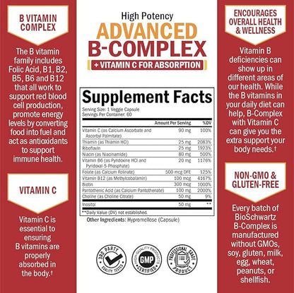 Vitamin B Complex with Vitamin C for Maximum Absorption - Methylcobalamin b12 & Folate Folic Acid Supplement - B1 B2 B3 B5 B6 B7 B9 for Immune Energy & Nervous System Support - Non-GMO, 60 count