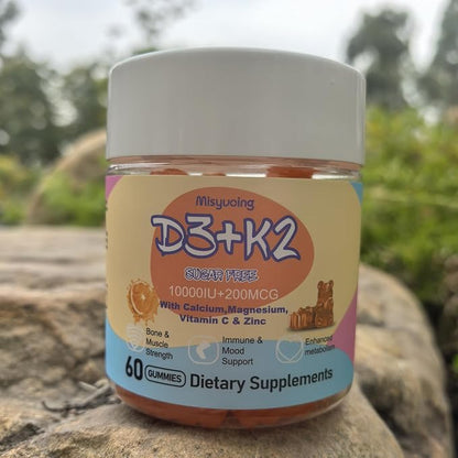 Vitamin D3 K2 Sugar-Free Gummies,Vitamin D3 10000 IU with K2 200mcg,VitaminC,Calcium,Magnesium,Zinc,Support for Bones,Joints,Muscles,Nerves,and Immune System (60, Orange)
