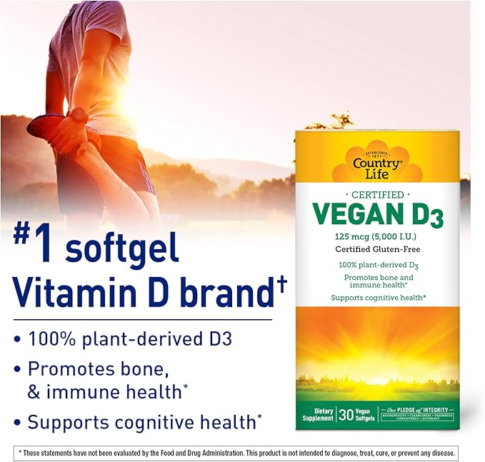 Country Life Vegan D3 5000 IU – Plant-Derived Vitamin D3 from Lichen – High Potency Immune & Bone Support – Certified Vegan, Gluten-Free, Non-GMO – 30 Softgels
