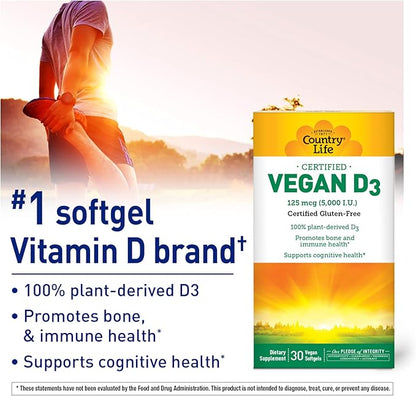Country Life Vegan D3 5000 IU – Plant-Derived Vitamin D3 from Lichen – High Potency Immune & Bone Support – Certified Vegan, Gluten-Free, Non-GMO – 30 Softgels