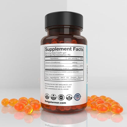 Gut & Heart Health + Immune Support | 1 Month Supply | 30 Soft Gel Capsules | Pure Butyrate 350mg & Vitamin D3 2000IUs & Vitamin K2 120mcg | Heart Health | Gastrointestinal Support