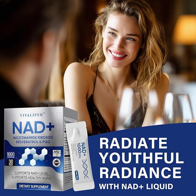 NAD+ Liquid Supplement 30 Packets, Premium Nicotinamide Riboside & Resveratrol with PQQ, Promotes Anti-Aging, Metabolism Support, Focus & Energy Boost