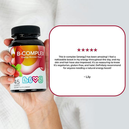 Vitamin B Complex Gummies with B12, Biotin, B3, B6 & Vitamin C for Kids & Adults | Energy, Support & Recovery Supplement | Promotes Mood, Metabolism & Nerve Function | Strawberry Flavor – 45 Ct