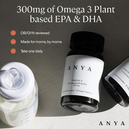 ANYA Omega-3 with 300mg of DHA and EPA, Clean Ingredients, Non-GMO, 100% Vegan, Gluten, Soy, and Dairy Free. Baby Shower Gifts & Breastfeeding, Postnatal Supplement, Lactation Support