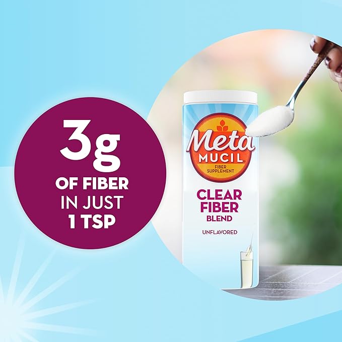 Metamucil Fiber Supplement, Unflavored Clear Mixing Powder, No Grit, No Sugar Added, Plant Based Prebiotic Fiber Supplement Blend for Daily Digestive Health, 75 teaspoons