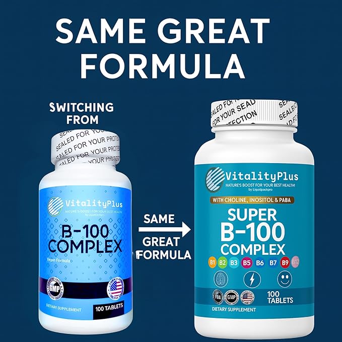 Super B-100 Complex – All B Vitamins Including B12, B1, B2, B3, B5, B6, B7, B9, Folate – High Potency B-Vitamins with Choline, Inositol & PABA – Energy & Metabolism Support – 100 Tablets