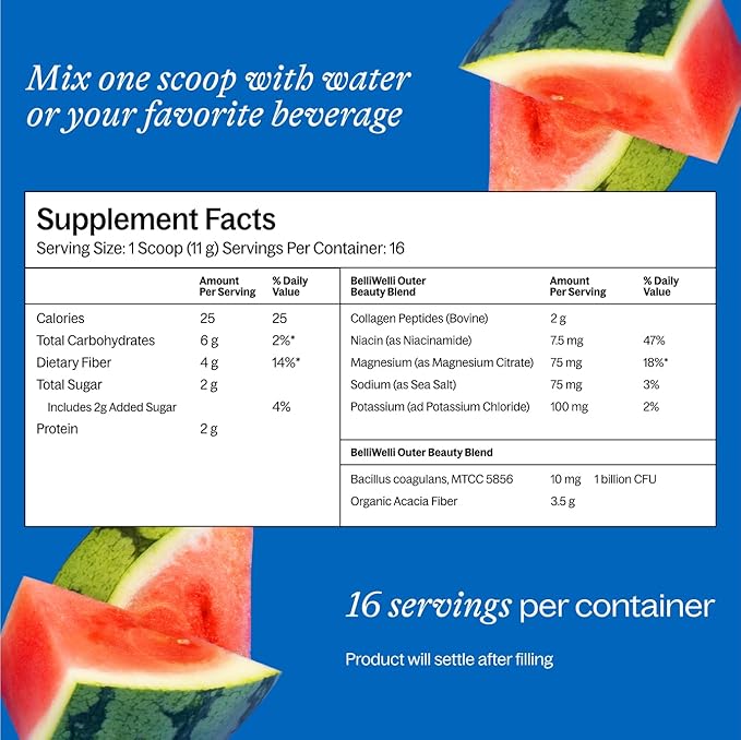 Fiber Supplement for Women & Men – Premium Daily Fiber Powder from Organic Acacia with Added Collagen, Electrolytes & Probiotics – No Bloat, Constipation & Gut Health Support (Watermelon)
