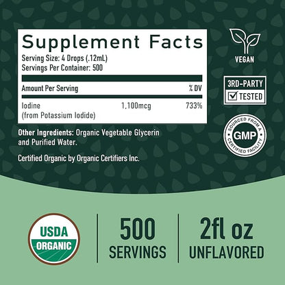 Organic Iodine Liquid for Thyroid Support | Nascent Iodine Supplements | USDA Certified Organic | Decolorized Potassium Iodide Liquid for Thyroid Support | 1100 mcg | 2 Fl Oz, Over 1-Year Supply