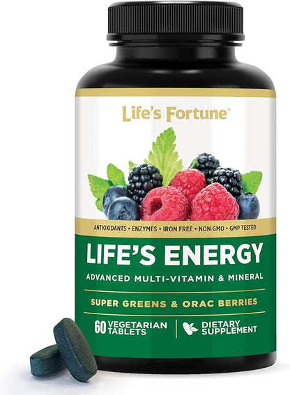Life's Energy Advanced Daily Multivitamin for Men & Women, Energy and Immune Support Supplement with Super Greens, Antioxidants, Enzymes - Iron Free, Vegetarian, 60 Tablets by Life's Fortune