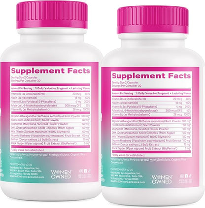 Pink Stork Postpartum Mood Support - Postnatal Hormone Balance for Women - Breastfeeding Friendly - Stress & Cognitive Support, New Mom Essentials - Ashwagandha, Chamomile, & Vitamin D, 120 Capsules