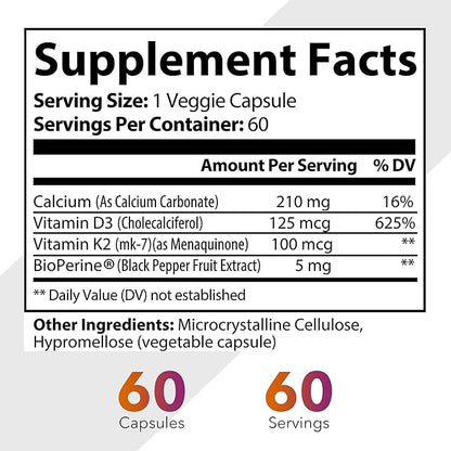 Vitamin D3 (5000 IU) and K2 (100 mcg) with Calcium - 60 Veggie Capsules