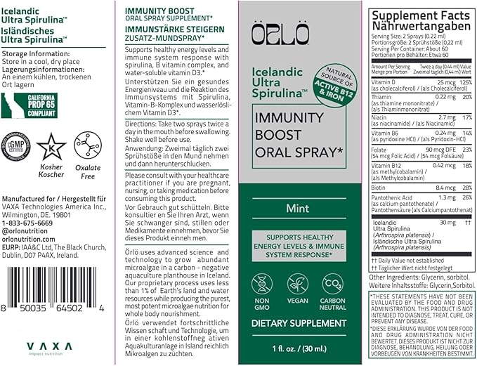 Orlo Immunity Boost Multivitamin Supplement for Adults Spray - Spirulina, Bioactive Vitamin B Complex, B12 Methylcobalamin, Vitamin D3 - Energy, Brain & Immune Health (Up to 60 Servings)