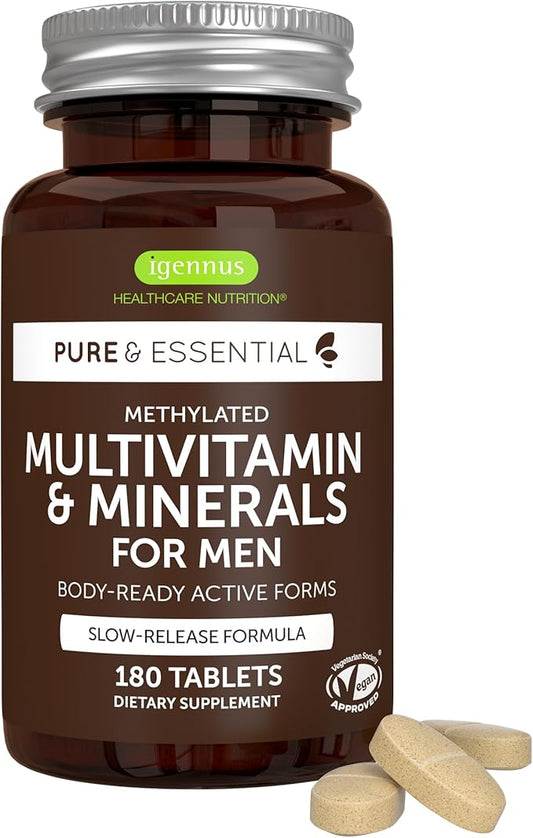 Igennus Methylated Men's Multivitamin with 22 Actives, All-Day Nutrient Delivery, Pure & Clean, Methylfolate & Methylcobalamin, High Strength MTHFR Supplement, Non-GMO & Halal, 180 Tablets