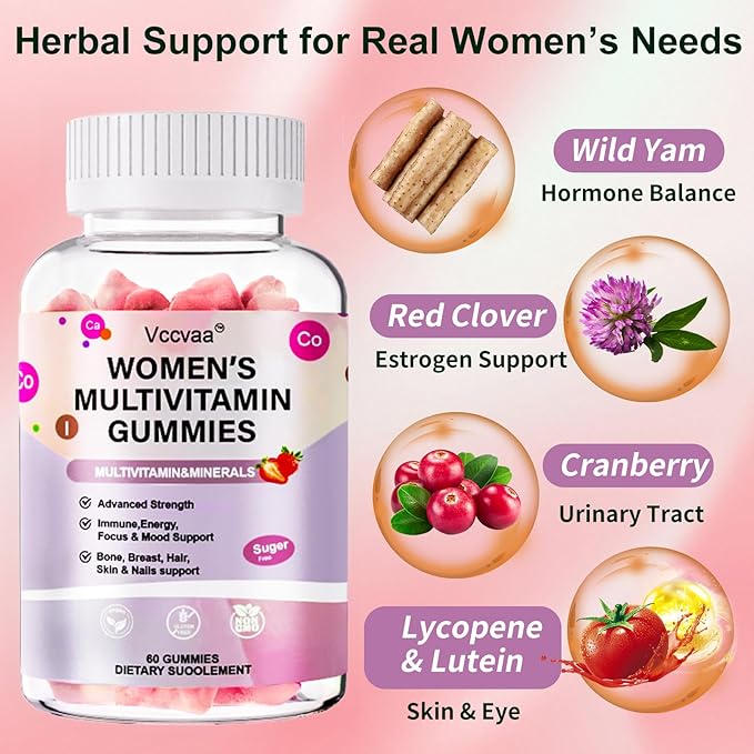 Sugar Free Multivitamin Gummies for Women 14+ with Iron, Inositol, Folate, Vitamins A C D3 E B12 K2, Herbal & Mineral Blend, Daily Vegan Gummy for Hair, Skin, Energy, Immune Support – 60 Count
