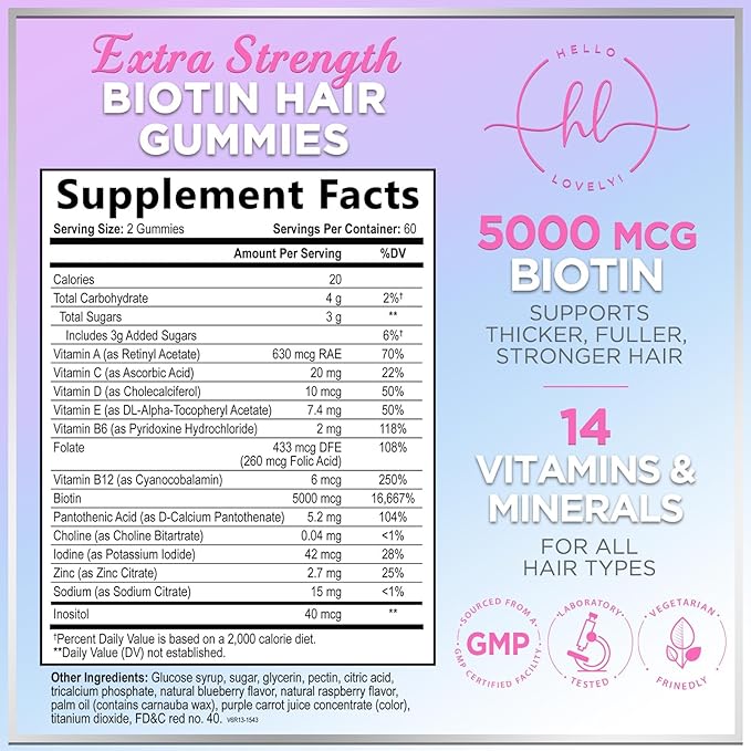 Hair Vitamins Gummies - Biotin 5000 mcg with Vitamin E, C & Zinc, Hair Growth Vitamins for Women & Men - Stronger, Beautiful Hair, Skin & Nails Supplement, Non-GMO & Gluten-Free - 120 Gummy Bears