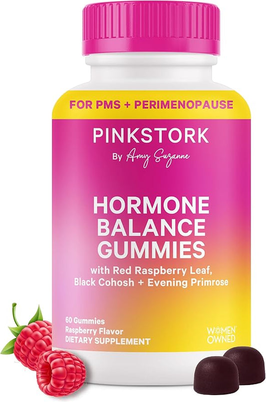 Pink Stork Hormone Balance Gummies for Women – PMS, Menopause & Estrogen Support – Mood, Bloating, Hot Flashes & Energy – Red Raspberry Leaf, Black Cohosh, Primrose – 60 Vegan Gummies