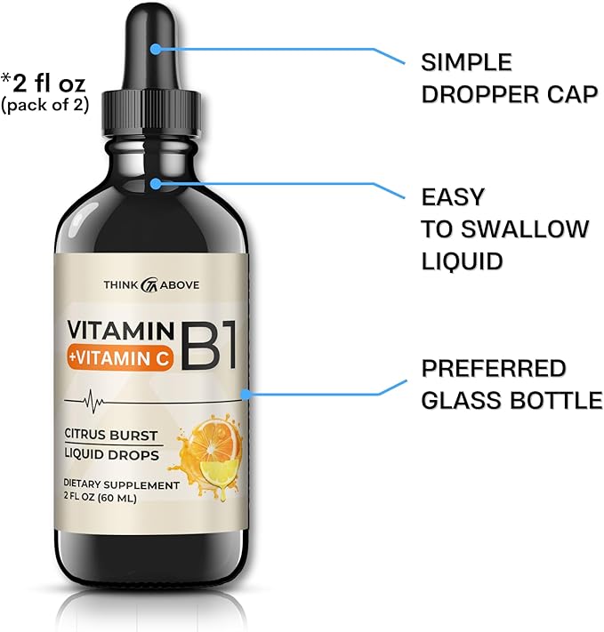 Vitamin B1 + Vitamin C Liquid Drops - Energy & Immune Support Supplement - 2 fl oz (60 ml) Pack of 2 - Fast Absorption, Easy-to-Use