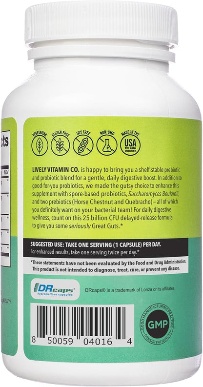 LIVELY VITAMIN CO. Great Guts Probiotic - 25 Billion CFU Probiotic - Balance Gut Microbiome, GI Tract, Inflammation, Indigestion, Reflux, Upset Stomach, & Diarrhea - 90 Caps