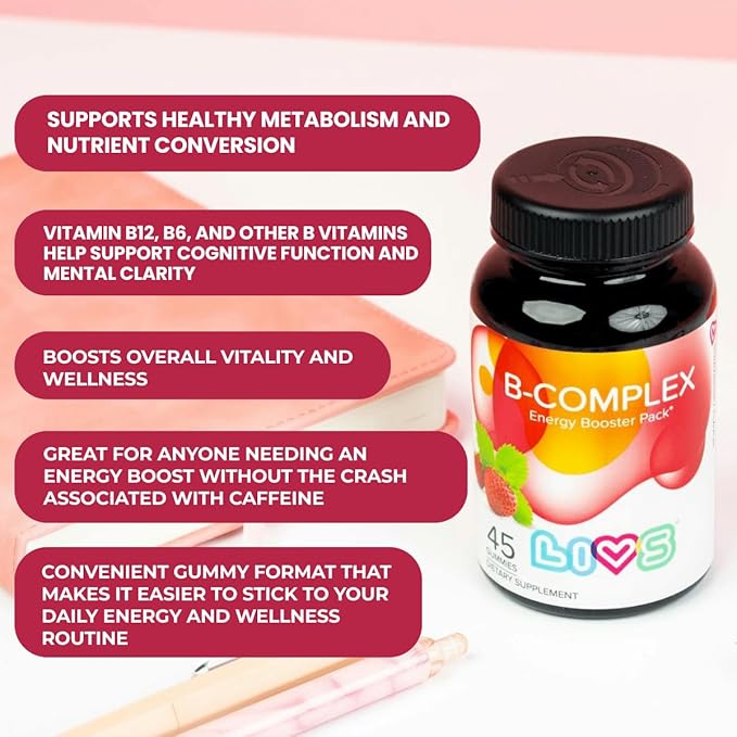 Vitamin B Complex Gummies with B12, Biotin, B3, B6 & Vitamin C for Kids & Adults | Energy, Support & Recovery Supplement | Promotes Mood, Metabolism & Nerve Function | Strawberry Flavor – 45 Ct