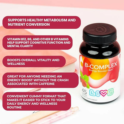 Vitamin B Complex Gummies with B12, Biotin, B3, B6 & Vitamin C for Kids & Adults | Energy, Support & Recovery Supplement | Promotes Mood, Metabolism & Nerve Function | Strawberry Flavor – 45 Ct