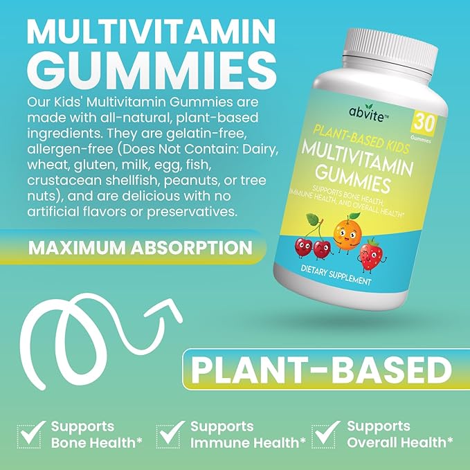 Kids Multivitamin Gummies – Plant-Based Daily Kids Gummy Vitamins with A, C, D, E, B3, B6, B12, Biotin & Inositol – Non-GMO, Gluten-Free – 30 Count (30-Day Supply)